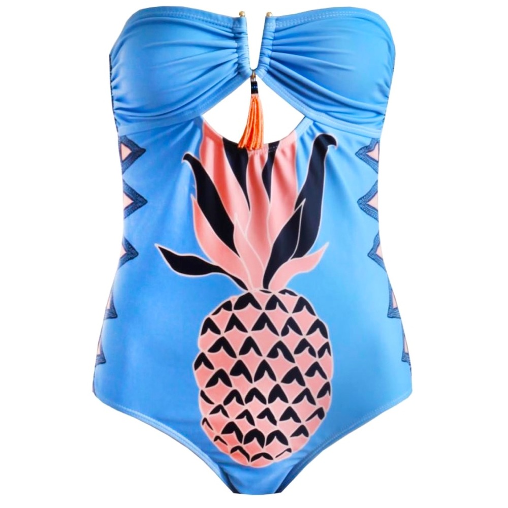 Blue Strapless Swimsuit with Pineapple and Bead Tassle Detail
